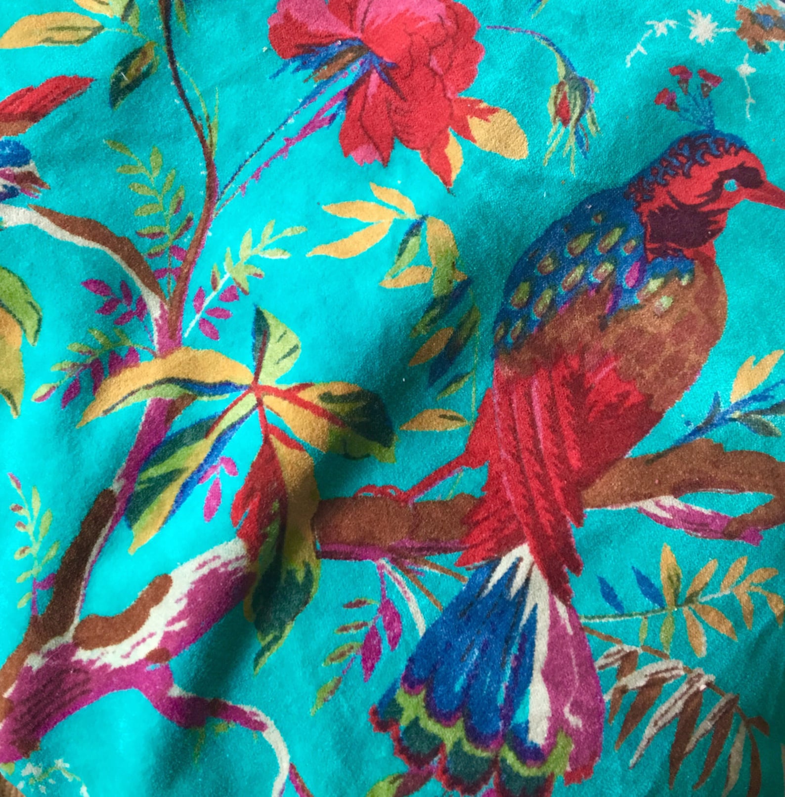 Cotton Velvet Fabric Turquoise Botanical Bird Print Bohemian Etsy