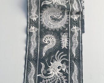 Vintage Chinese Koi & butterfly table runner- Koi Fish Textile- Gray, white Block print table runner with fringe, Traditional Miao designs