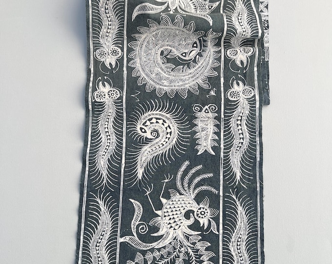 Vintage Chinese Koi & butterfly table runner- Koi Fish Textile- Gray, white Block print table runner with fringe, Traditional Miao designs