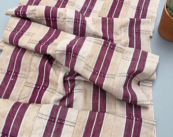 Tissu africain vintage, textile Asoke, bordeaux et marron lin, motif à rayures tribales