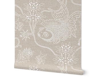home decor koi and lotus flower wallpaper peel and stick, neutral serene large scale wall art