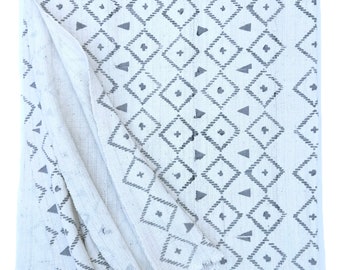 Mud Cloth, Hand loomed Cotton, Modern Print, White with Gray