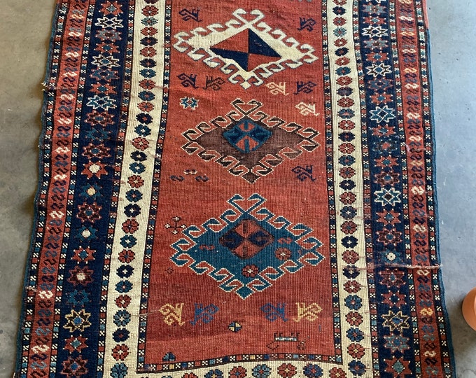 Oriental Rug, Rust and Navy Vintage Carpet, Carpet Bag Rug, Rustic decor, Bohemian Rug