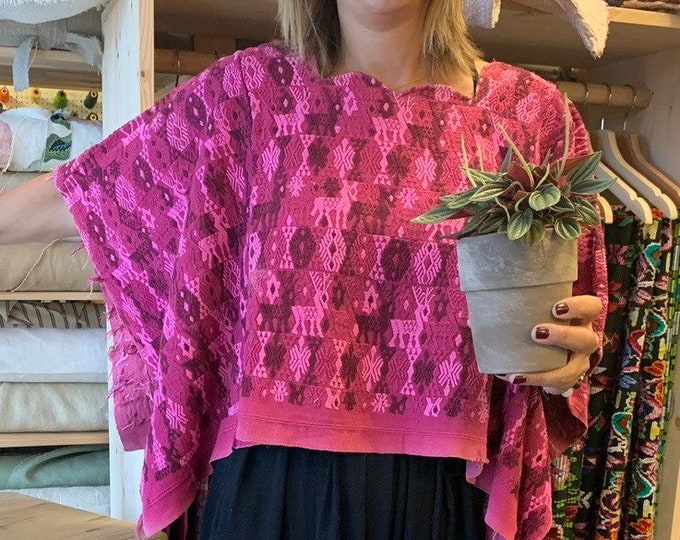 Pink Embroidered Boho Crop Top Poncho, Vintage Guatemalan Huipil, Guatemalan Fabric, Morrissey Fabric