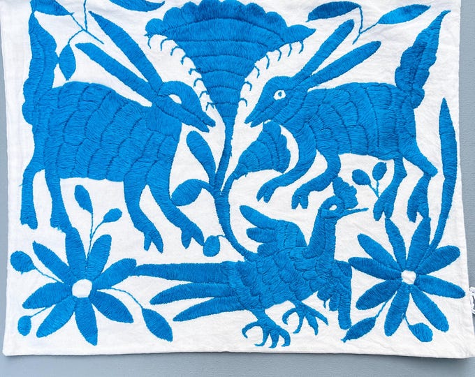 Animals Flowers Hand Embroidered Textile, Mexican embroidery Otomi pillow cover