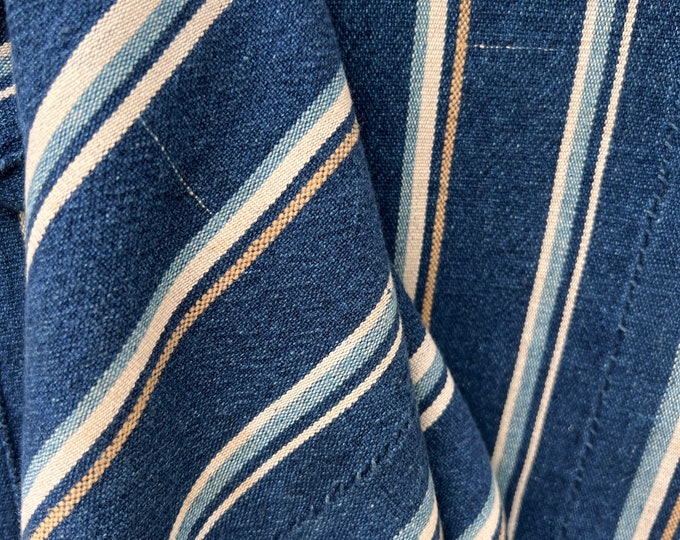Mud Cloth striped throw, Vintage African Indigo mudcloth fabric, blue and tan stripes, Morrissey Fabric