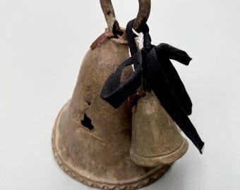Rustic Bronze Bell Set: Handmade Farmhouse Decor with one cow bell and one goat bell