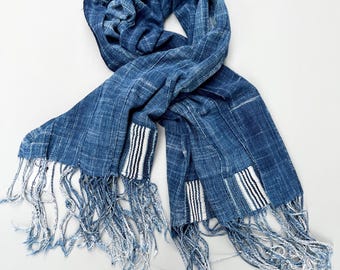 Vintage Patchwork Denim Scarf: African Mud Cloth, Indigo Blue