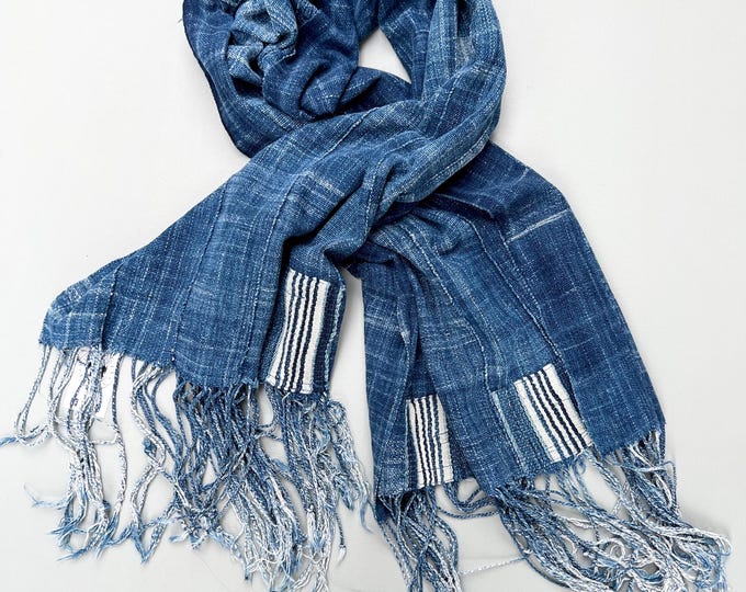 Vintage Patchwork Denim Scarf: African Mud Cloth, Indigo Blue