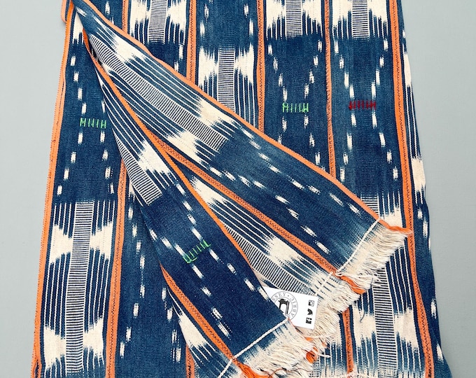 Vintage African Baule Cloth: Blue & Orange Boho Throw Blanket