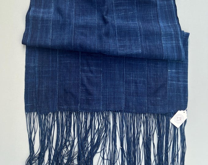 Vintage Mud Cloth with long fringe, Dark Indigo Blue Denim Mudcloth, Vintage African Textile, Modern Mud, Morrissey Fabric