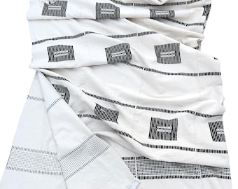 Hand-Loomed Cotton Bedspread: African Hausa Textile, Black and Ivory (88x84 inches)