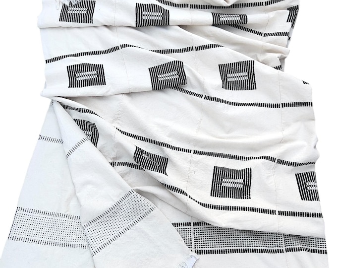 Hand-Loomed Cotton Bedspread: African Hausa Textile, Black and Ivory (88x84 inches)