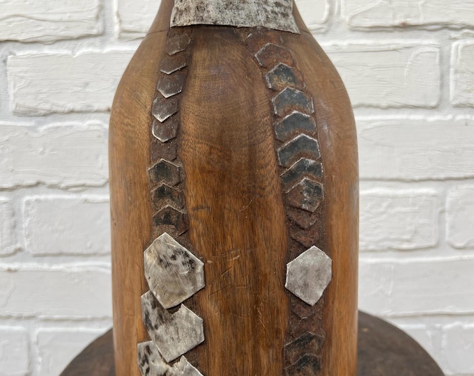 Primitive wood jug, Hand carved vase, wood and metal vessel, Farmhouse style, upcycled African Art piece, Wonky wooden home accessory