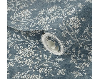 Removable wallpaper- romantic floral- blue & white- Traditional home- Feminine flower accent wall- Classic floral walls- Japandi farmhouse