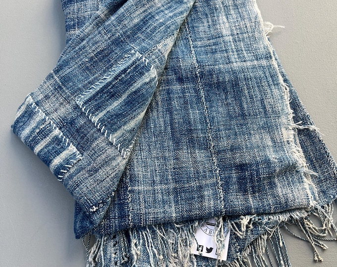 Vintage patchwork indigo Throw, Distressed Indigo Blue Textile, Repurposed blue mud cloth, Wabi Sabi textile, Rustic farmhouse decor