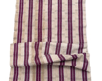 Tissu africain vintage, textile Asoke, bordeaux et marron lin, motif à rayures tribales