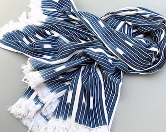 Vintage African Baule Cloth: Blue, White, and Soft Peach Color Boho Throw Blanket