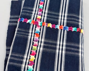 Vintage Guatemalan Fabric, hand embroidery on navy blue plaid, Guatemalan Corte Cloth,Geometric embroidery, Navy blue plaid, rainbow color