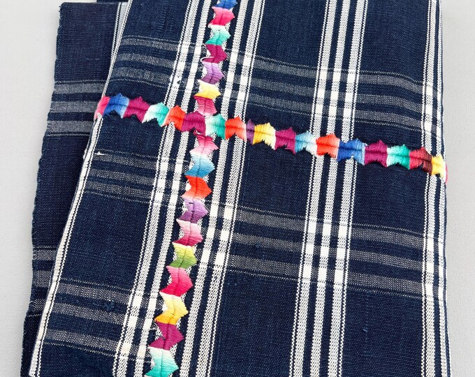 Vintage Guatemalan Fabric, hand embroidery on navy blue plaid, Guatemalan Corte Cloth,Geometric embroidery, Navy blue plaid, rainbow color