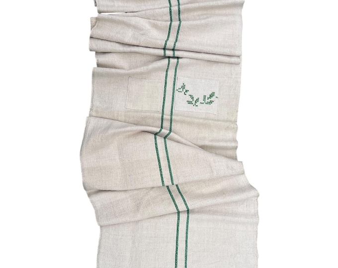 Grain Sack table runner, Green striped grain sack, Striped and embroidered Table Runner, Farmhouse table runner, French embroidery and patch