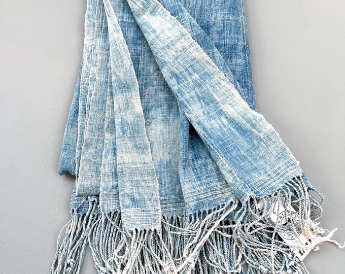 Bohemian blue and white scarf, Navy blue African Indigo- shibori denim zig zag scarf- fabric remnant-boho blue jeans scarf- mens jeans scarf