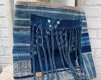Upcycled jeans tote- patchwork denim shopping bag- handmade fringe purse, boho blue jean bag, perfectly imperfect gift tote