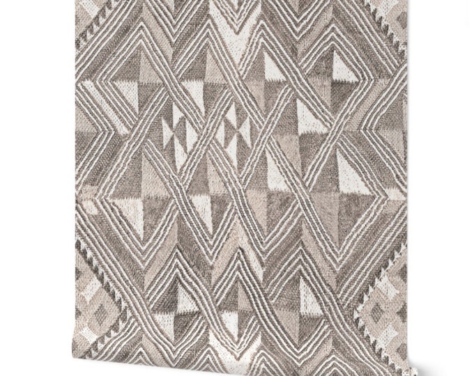 Neutral taupe wallpaper, Boho home, African design, Bohemian wall decor, Kuba cloth wallpaper