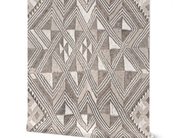 Tissu africain Kuba, papier peint galets non encollé traditionnel, style ethnique taupe, gris et blanc