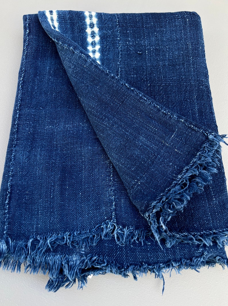Décoration bohème, jeté en tissu boue, rayures bleues et blanches teints en cravate, textile africain vintage indigo foncé image 5