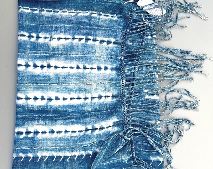 Boho denim home decor Mud cloth throw, Tie dyed blue with white, Vintage African textile
