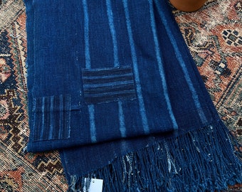 Large Vintage Mudcloth Throw, Patches, Visible Mending, African Mud Cloth, Shibori striped indigo home decor, Morrissey Fabric