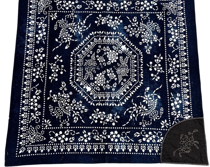 Vintage Chinese Batik Textile, Indigo Blue White Hemp Fabric, Chinoiserie Wall Art