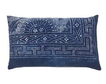 Boho lumbar pillow, Indigo Accent Pillow, Vintage denim pillow, Hill Tribe vintage fabric, Boho Pillow
