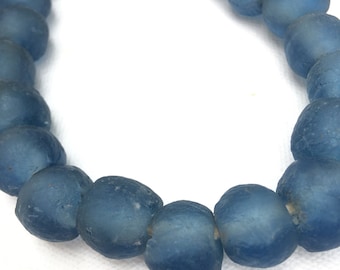 Glass Bead Garland, Large Size Glass Beads from Africa, Dusty Blue Color Hand Made of Recycled Glass, Ghana