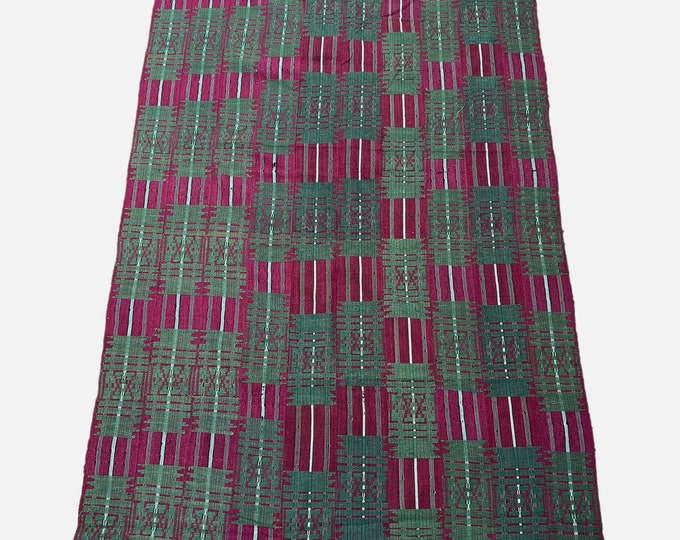 Vintage African Textile, Green and Dark Berry, Aso Oke Textile, Striped embroidered Fabric,