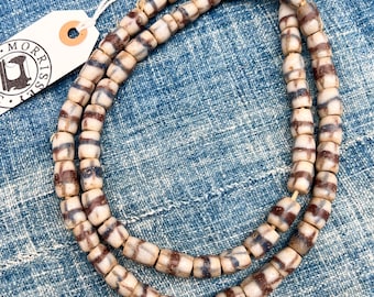 Vintage African Trade Bead Necklace: Cream, Blue, Brown Glass