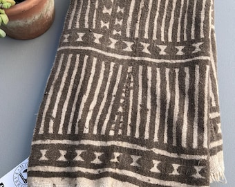 Brown Bogolan wrap, Neutral home decor throw blanket, mud cloth fabric for home decor, fiber art wall hanging, hand painted fabric
