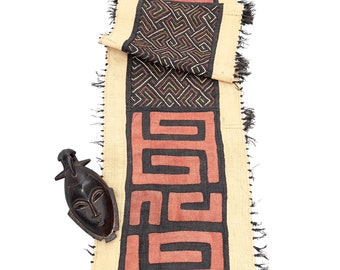 African Kuba Cloth, Vintage Tapestry in Rust and Black, Tribal Textile, Fringe, Ethnic Table Runner, Morrissey Fabric