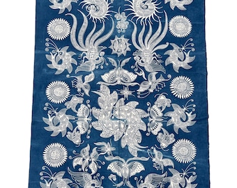 Vintage Chinese Batik Hemp Fabric: Indigo Koi Fish Textile