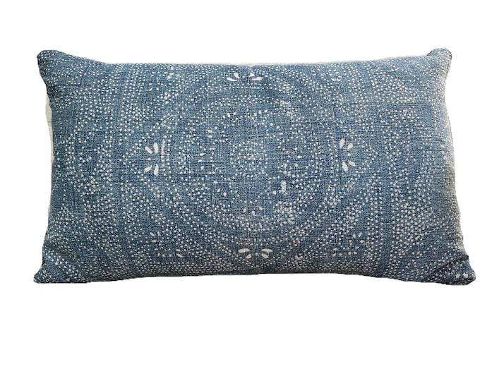 Batik lumbar pillow, Indigo blue Accent Pillow, Vintage denim pillow, Hill Tribe vintage fabric Boho Pillow, Morrissey Fabric