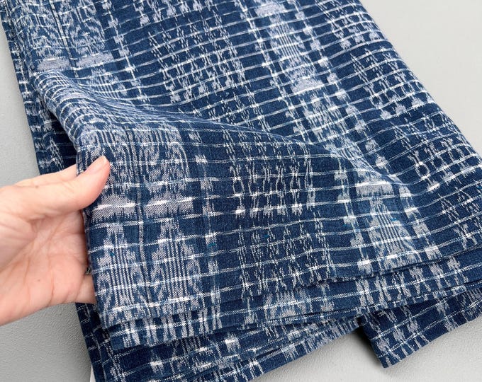 Guatemalan vintage fabric. Indigo stripe Ikat material with silver lurex. Cotton Corte cloth in Blue and white.