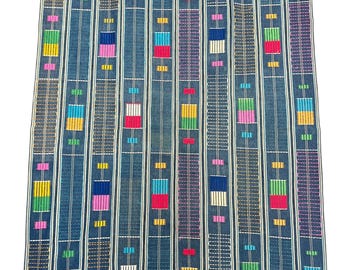 Rainbow colors, Denim African Textile Throw- Rare collectible vintage Mud Cloth- embroidered geometric designs, mud cloth with embroidery