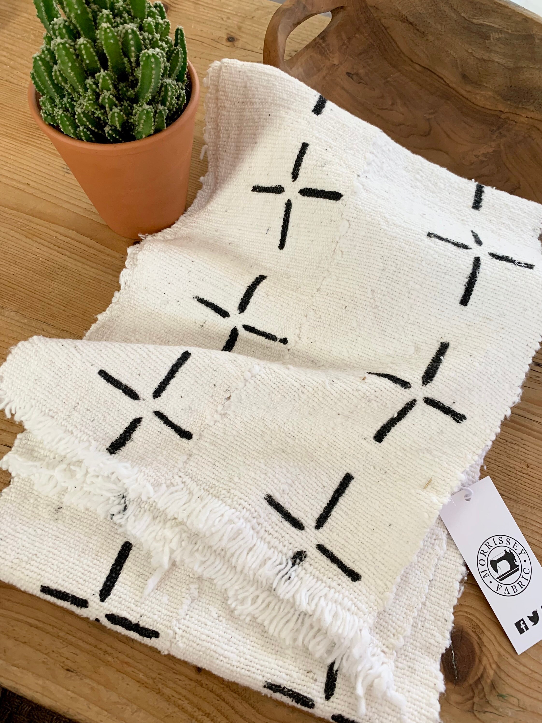 African Mud Cloth table runner, Black Print on white mud cloth fabric