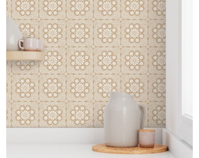 Warm neutral boho wallpaper-New farmhouse style- cottage accent wall