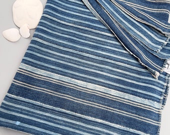 Vintage striped fabric, Indigo blue, white, and beige mud cloth, African fabric, Boho style throw