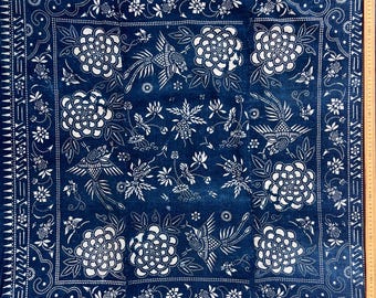 Vintage Indigo Batik Fabric Wall Hanging, Chinoiserie Chinese Textile
