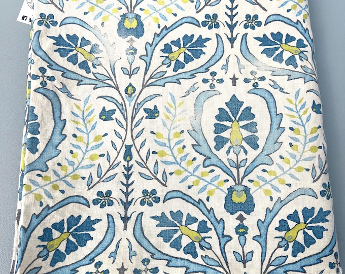 Linen fabric remnant- Le Gracieux Hand produced linen, Discounted fabric- 100% linen floral print- blue & green floral- 4 yards linen fabric