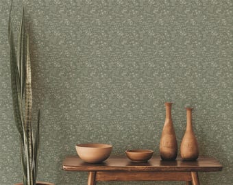 Block Print wallpaper, Japandi accent wall, peel and stick wallpaper, Beach house wallpaper, sage green wallpaper, foliage designs