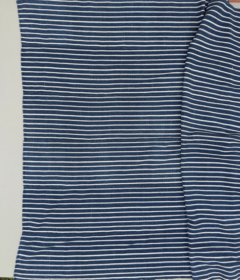 Mud Cloth striped throw, Vintage African Indigo mudcloth fabric, blue and white stripes image 6